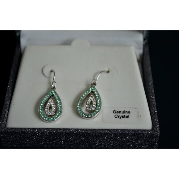 Green & White Genuine Crystal Teardrop Earrings Silver Plate New - Picture 4 of 5